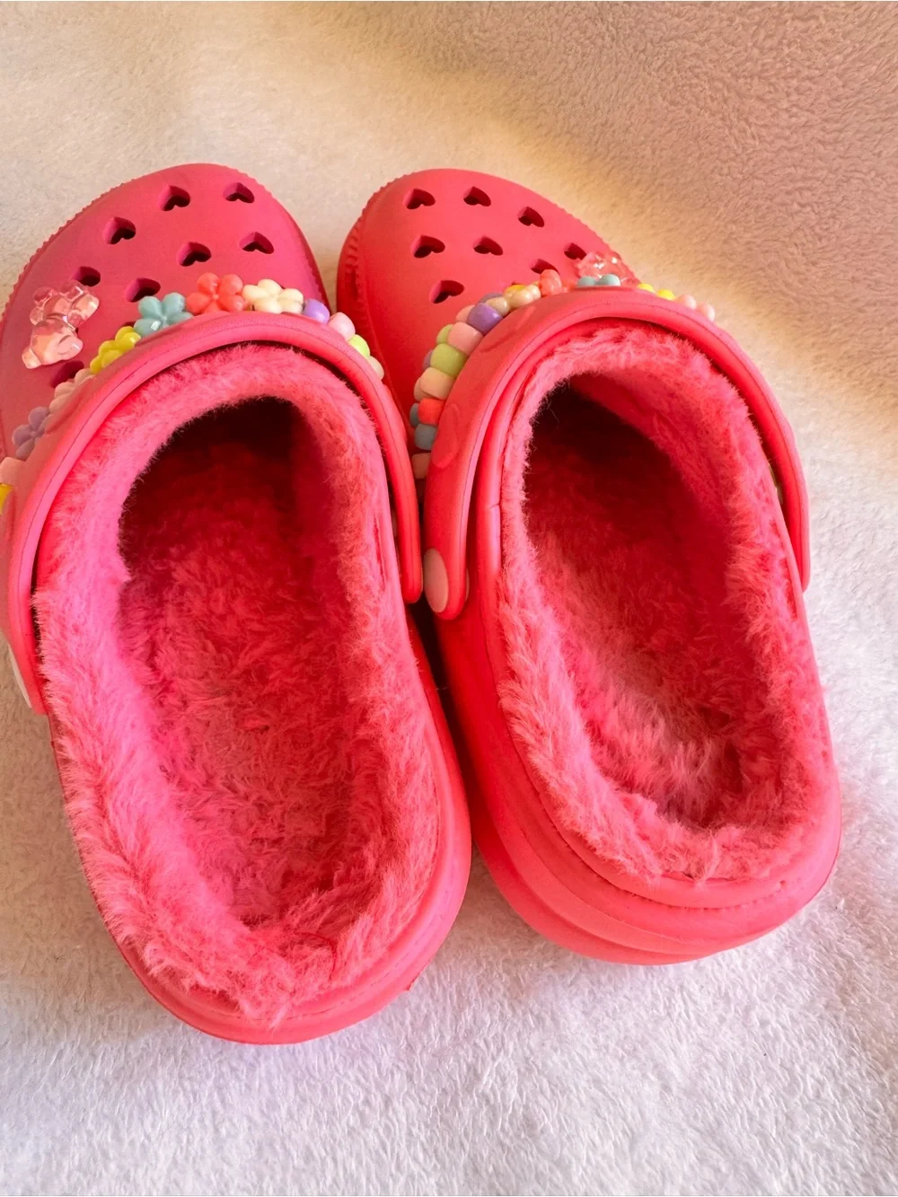Kids Fuzzy-Lined Pink Clog Shoes with Heart Cutouts